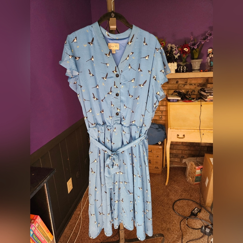 NWOT Lindy Bop Blue Kody Dress with Bird Pattern